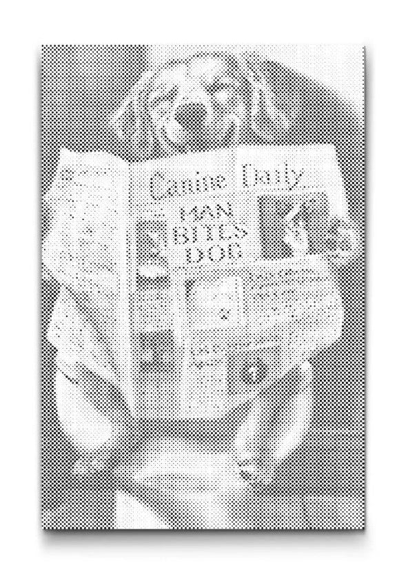 Prickmålning på canvas med hund som läser tidningen i humoristiskt motiv