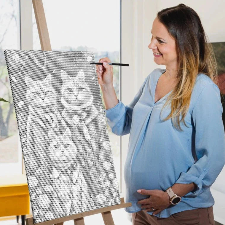 Kattfamilj prickmålning – kattmotiv i dot painting stil