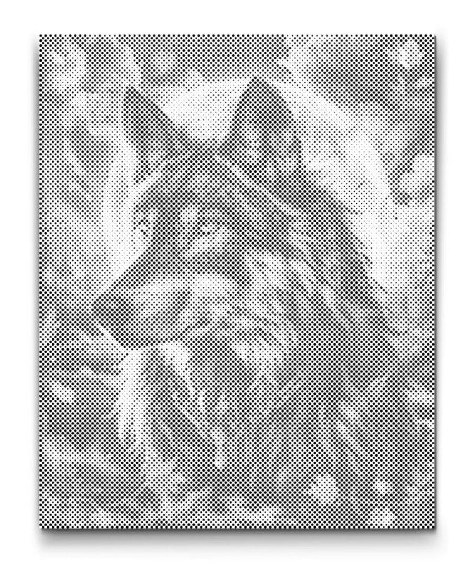 Prickmålning på canvas med varg framför fullmåne i mystiskt nattlandskap