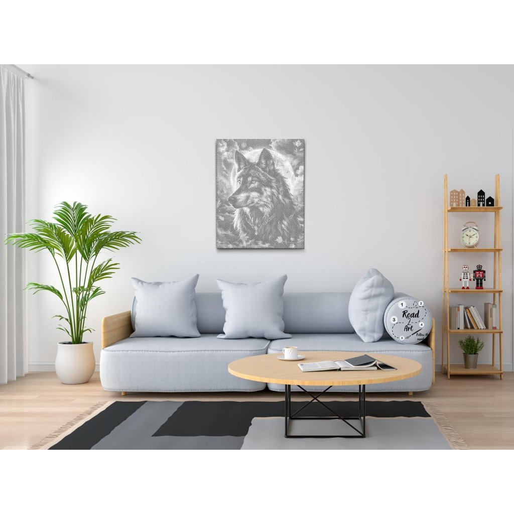 Dot painting med varg och måne i dramatisk och nordisk naturmiljö