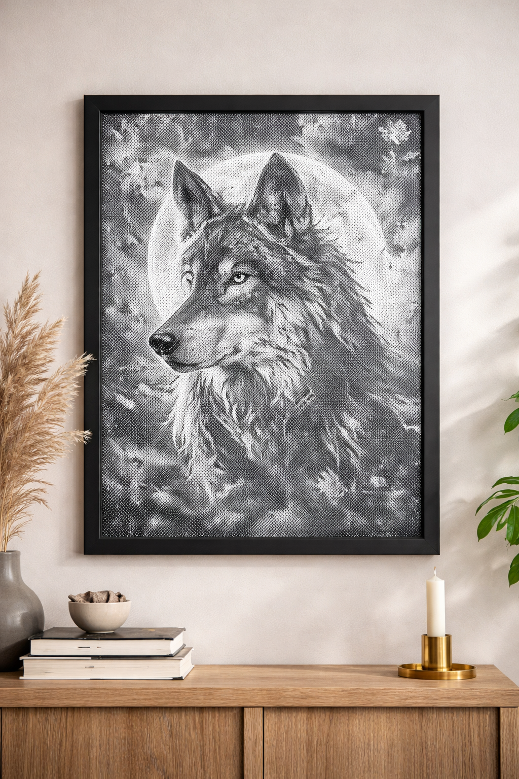 Prickmålning med varg i månljus för naturinspirerad inredning