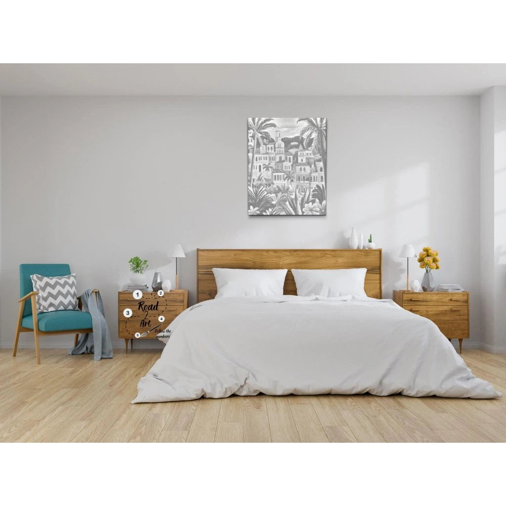 Prickmålning motiv av tropisk stad med palmer och byggnader