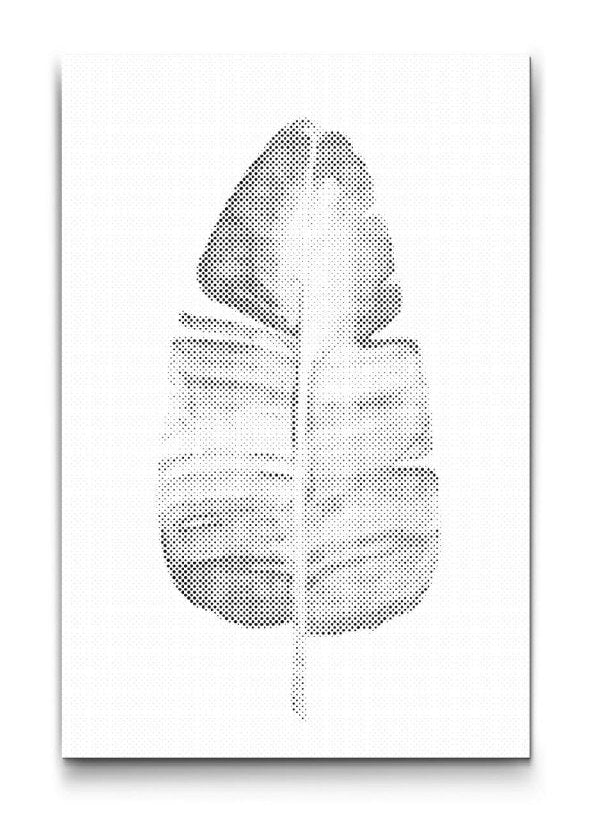 Prickmålning på canvas med minimalistiskt motiv av banan i svartvit stil