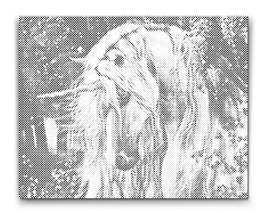 Prickmålning på canvas med enhörning i skog i magiskt och sagolikt uttryck