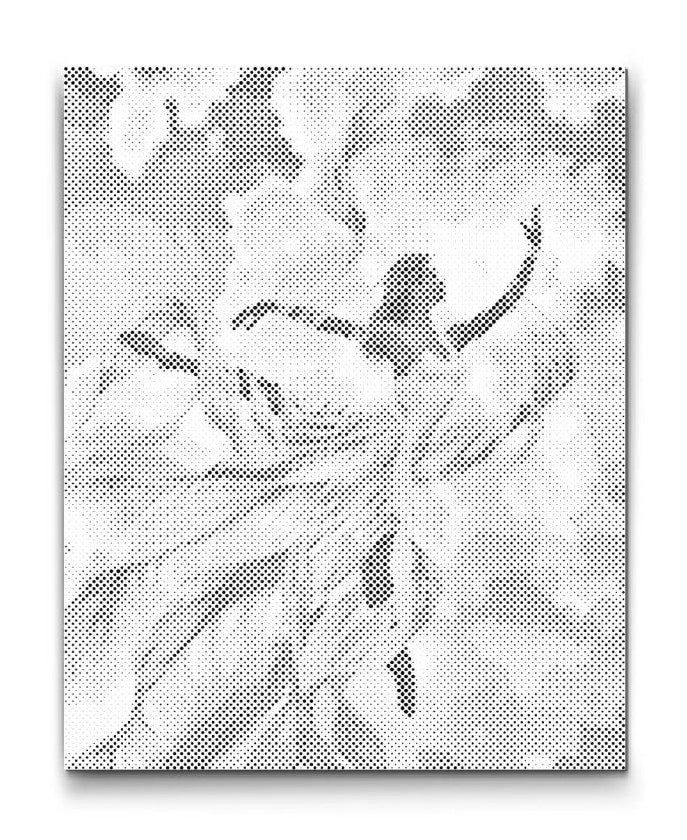 Prickmålning på canvas med kvinna i rörelse och vind som symboliserar frihet och lätthet